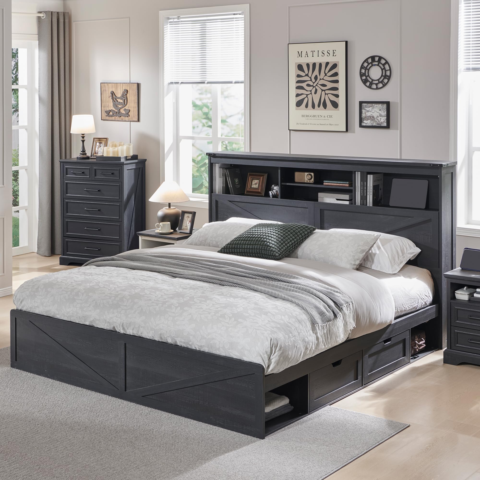Farmhouse King Size Bed Frame  - King Size Bed Frame With Storage Drawers review and price