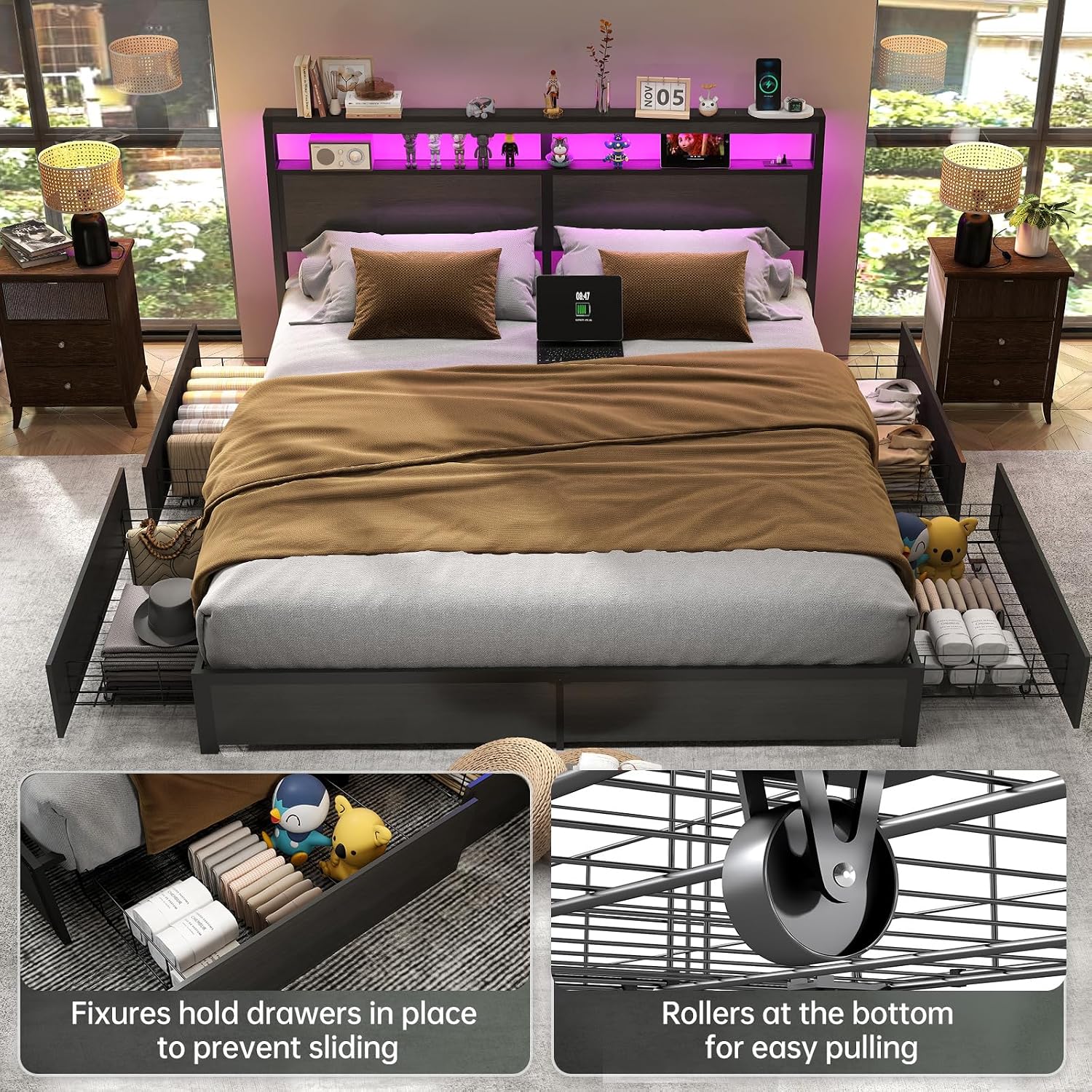 King Size Bed Frame with LED L - King Size Bed Frame With Storage Drawers review and price