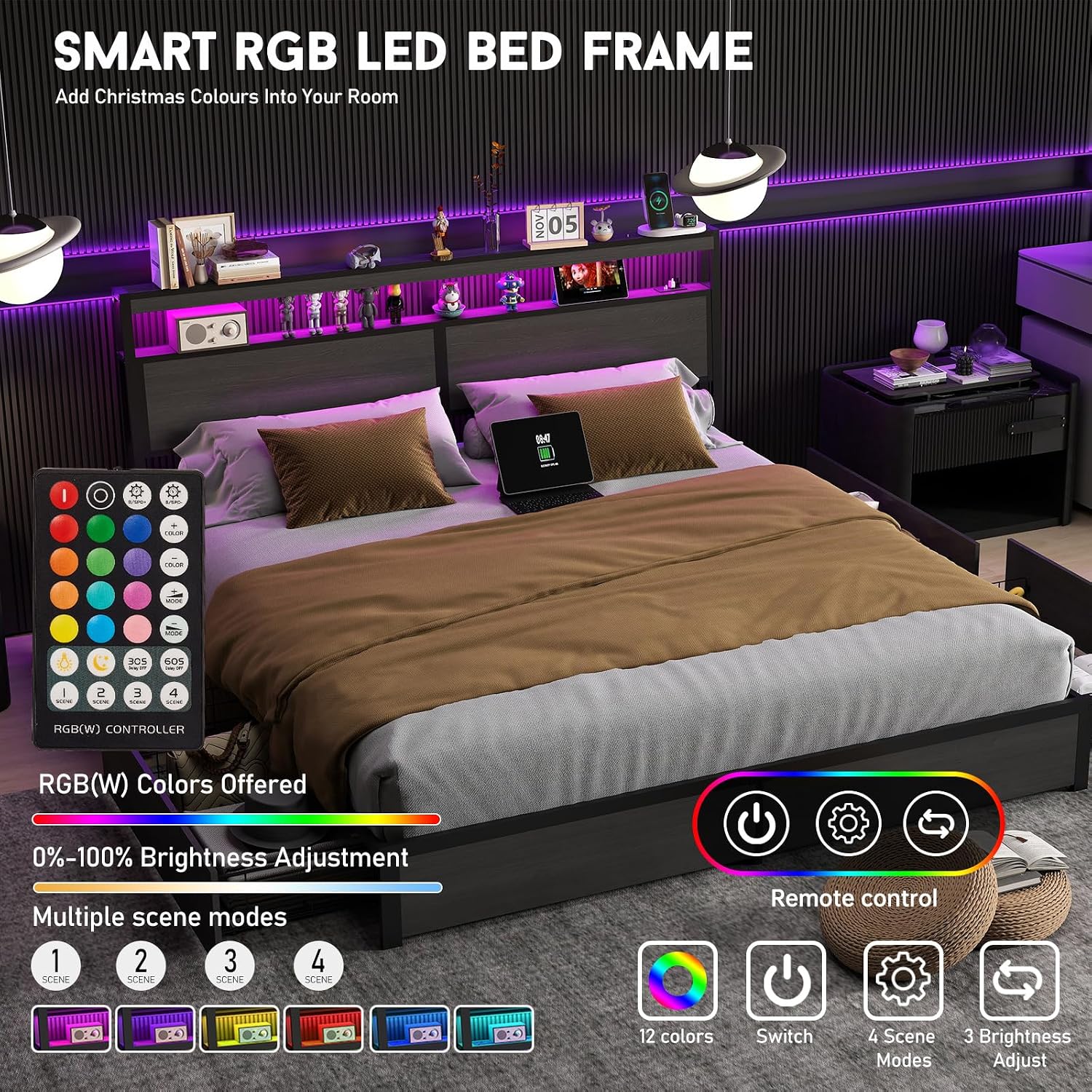 King Size Bed Frame with LED L - King Size Bed Frame With Storage Drawers review and price