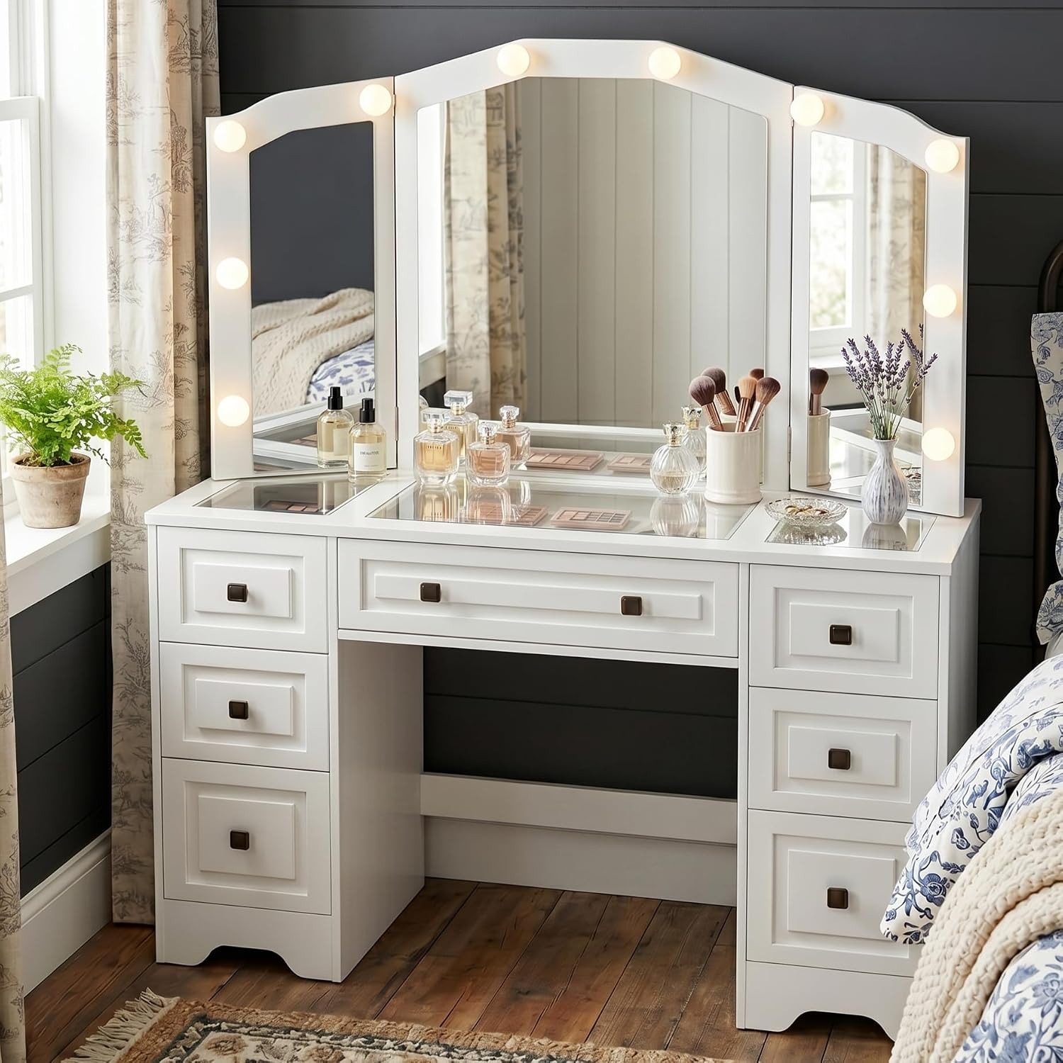 Lighted Vanity Desk, Tri-Fold  - Dressing Table Vanity With Lighted Mirror review and price